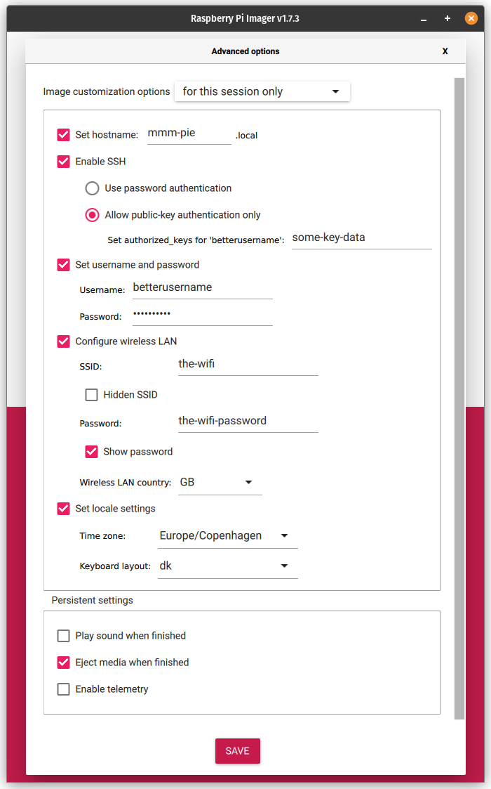 Raspberry Pi Imager settings